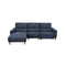 SOFA SECCIONAL RECLINABLE ELECTRICO EN TELA AZUL Y PATAS ACABADO DE MADERA