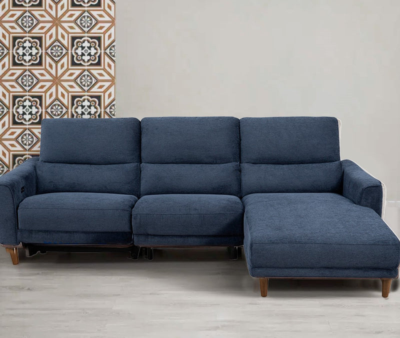 SOFA SECCIONAL RECLINABLE ELECTRICO EN TELA AZUL Y PATAS ACABADO DE MADERA