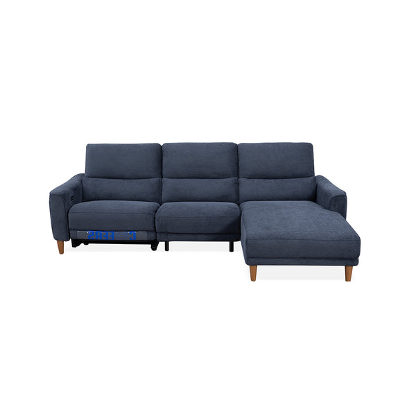 SOFA SECCIONAL RECLINABLE ELECTRICO EN TELA AZUL Y PATAS ACABADO DE MADERA