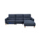 SOFA SECCIONAL RECLINABLE ELECTRICO EN TELA AZUL Y PATAS ACABADO DE MADERA
