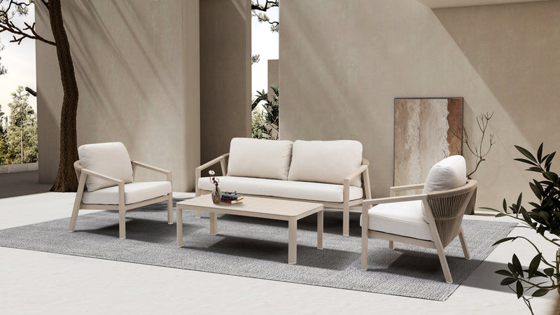 SET DE EXTERIOR 4 PCS EN TELA BLANCA Y MARCO DE ALUMINIO BEIGE