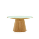 MESA DE COMEDOR TOPE DE VIDRIO Y BASE EN METAL ESTILO MADERA