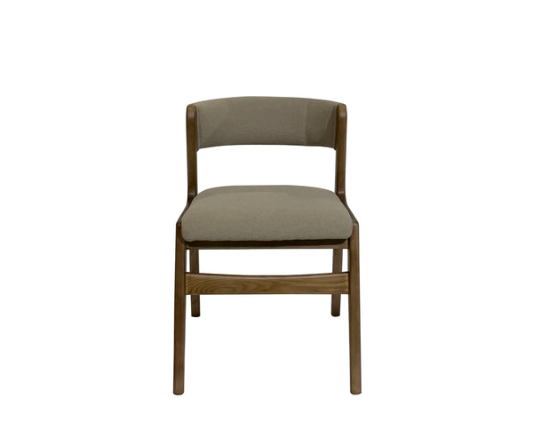 SILLA DE COMEDOR EN TELA BEIGE Y PATAS ACABADO DE MADERA