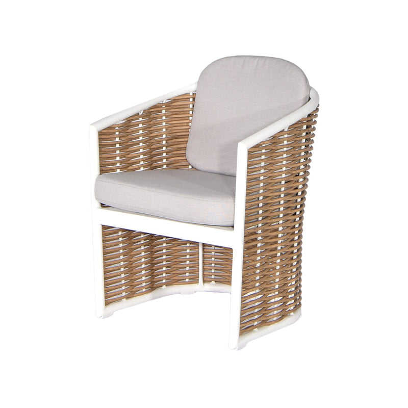 BUTACA DE EXTERIOR MAVIS BLANCA CON MIMBRE Y COJINES DE ASIENTO EN TELA BEIGE GRISACEO