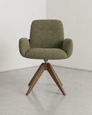 SILLA DE COMEDOR CON ASIENTO GIRATORIO EN TELA VERDE Y PATAS EN METAL ESTILO MADERA