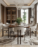 SILLA DE COMEDOR EN TELA BEIGE Y PATAS DE METAL ESTILO MADERA