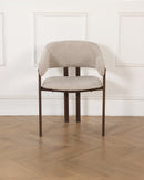 SILLA DE COMEDOR EN TELA BEIGE Y PATAS DE METAL ESTILO MADERA