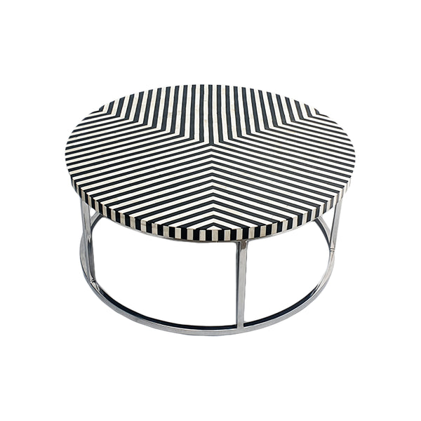 ***MESA DE CENTRO CON PATRON GEOMETRICO BLANCO Y NEGRO CON BASE PLATEADA BRILLANTE
