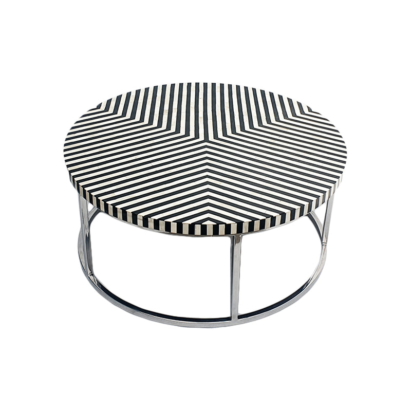 ***MESA DE CENTRO CON PATRON GEOMETRICO BLANCO Y NEGRO CON BASE PLATEADA BRILLANTE