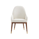 SILLA DE COMEDOR EN TELA Y RESPALDO TIPO PIEL OFF WHITE Y PATAS ACABADO EN MADERA CASQUILLOS DORADOS