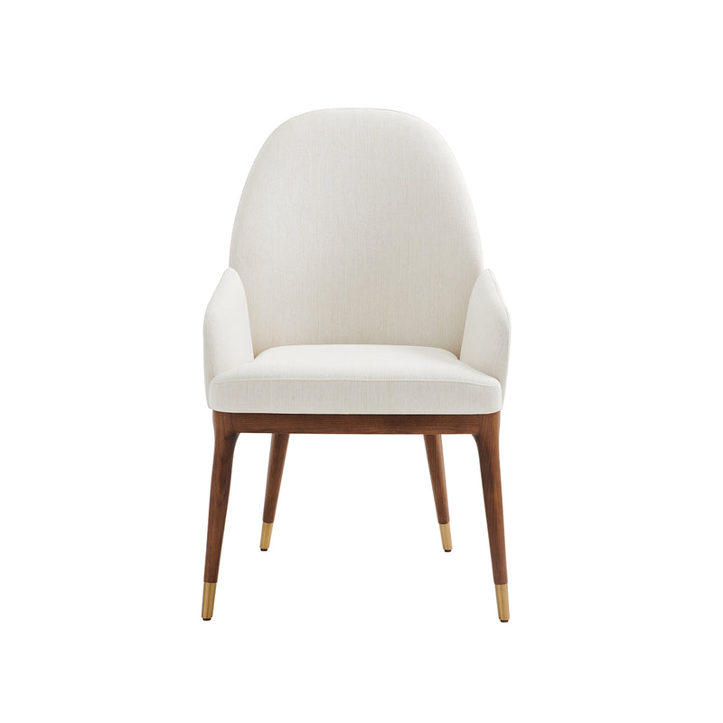 SILLA DE COMEDOR EN TELA Y RESPALDO TIPO PIEL OFF WHITE Y PATAS ACABADO EN MADERA CASQUILLOS DORADOS
