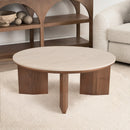 MESA DE CENTRO TOPE ESTILO CERAMICA Y BASE ACABADO DE MADERA