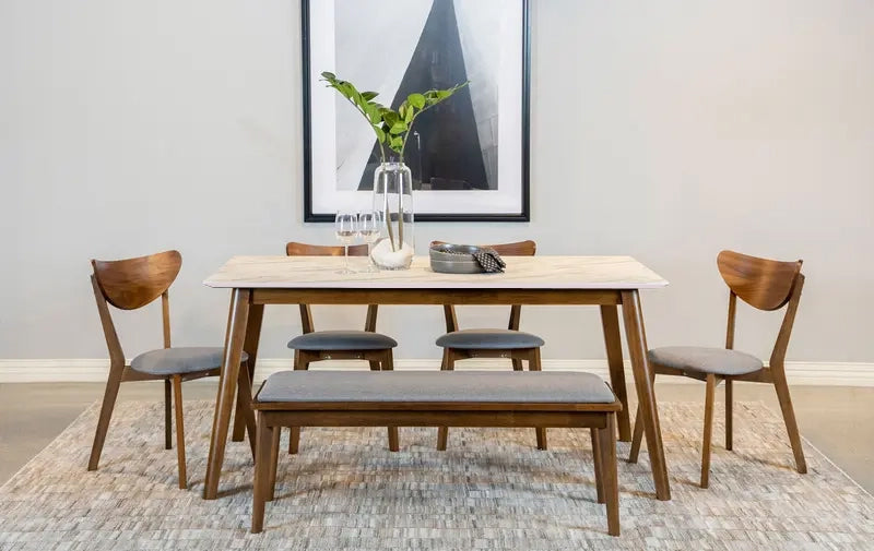 MESA DE COMEDOR TOPE ESTILO MARMOL Y PATAS ACABADO DE MADERA