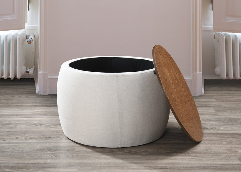 BANCO EN TELA BEIGE  Y TOPE ACABADO DE MADERA