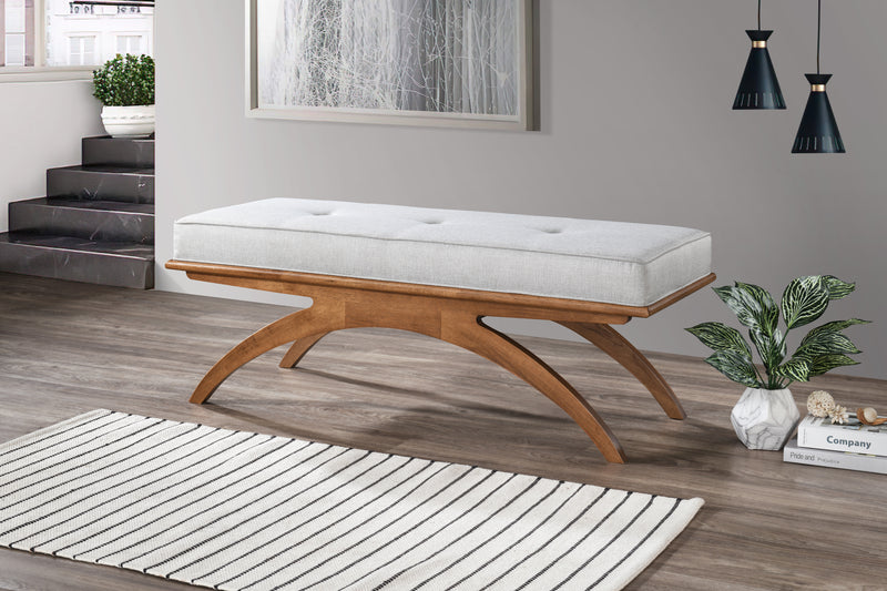 BANCO EN TELA BEIGE Y PATAS ACABADO EN MADERA MARRON