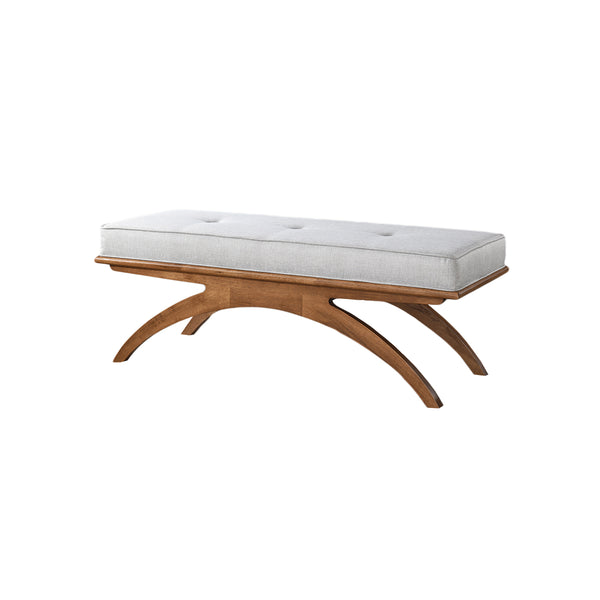 BANCO EN TELA BEIGE Y PATAS ACABADO EN MADERA MARRON