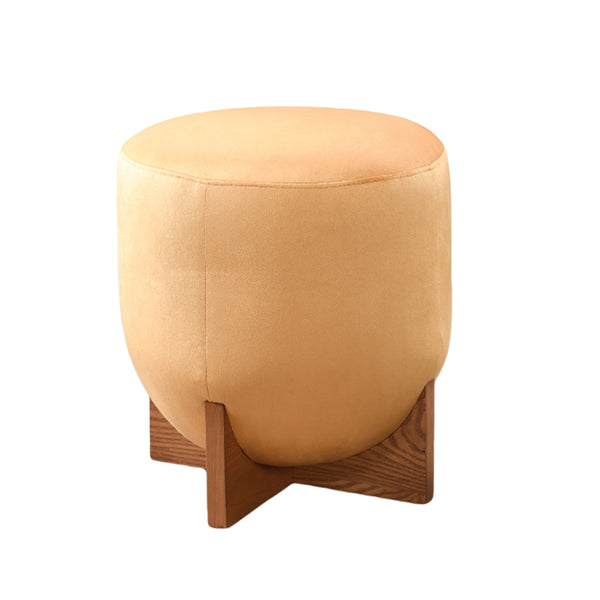 OTOMAN EN TELA AMARILLA Y BASE ACABADO EN MADERA MARRON
