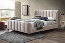CAMA KING EN TELA BEIGE KAKI, PATAS MARRONES