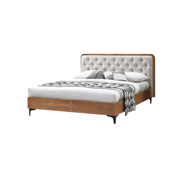 CAMA QUEEN EN TELA BEIGE Y ACABADO EN MADERA