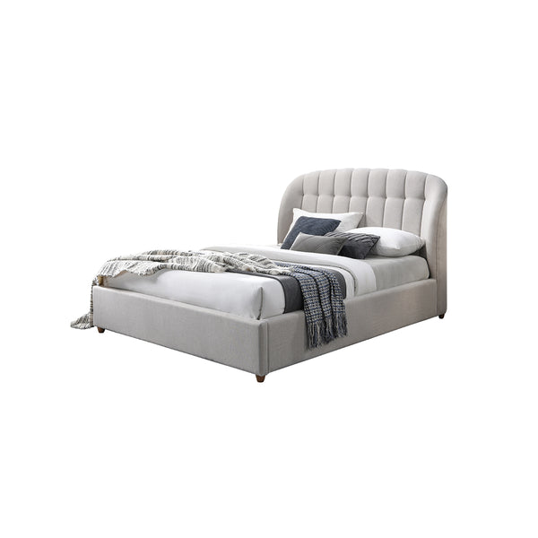 CAMA QUEEN EN TELA BEIGE, PATAS MARRONES