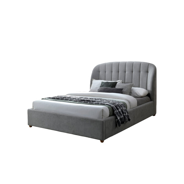 CAMA QUEEN EN TELA GRIS, PATAS MARRONES