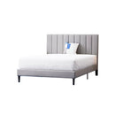 CAMA QUEEN EN TELA BEIGE GRISACEO Y PATAS NEGRAS