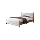 CAMA QUEEN EN TELA BLANCA Y ACABADO DE MADERA
