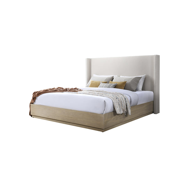 CAMA KING EN TELA CREMA BEIGE ACABADO DE MADERA