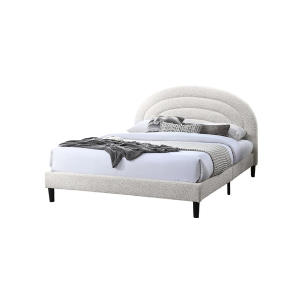 CAMA QUEEN EN TELA BEIGE Y PATAS NAGRAS