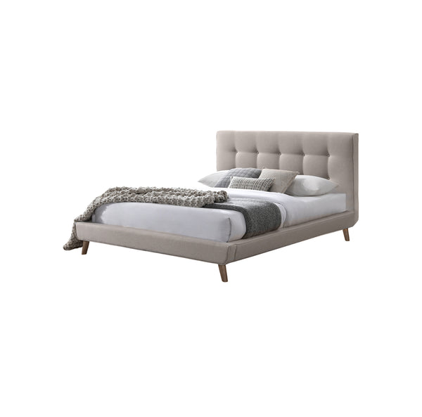 CAMA FULL EN TELA BEIGE Y PATAS MARRONES