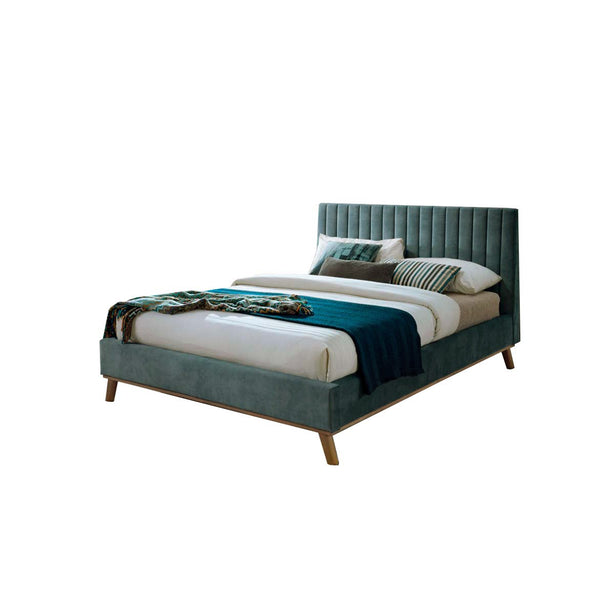 CAMA QUEEN EN TELA VERDE Y PATAS MARRONES