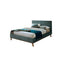 CAMA QUEEN EN TELA VERDE Y PATAS MARRONES