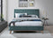 CAMA QUEEN EN TELA VERDE Y PATAS MARRONES