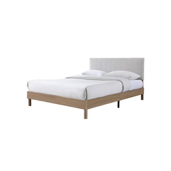 CAMA FULL  EN TELA BEIGE Y PATAS  ACABADO DE MADERA NATURAL