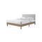 CAMA FULL  EN TELA BEIGE Y PATAS  ACABADO DE MADERA NATURAL