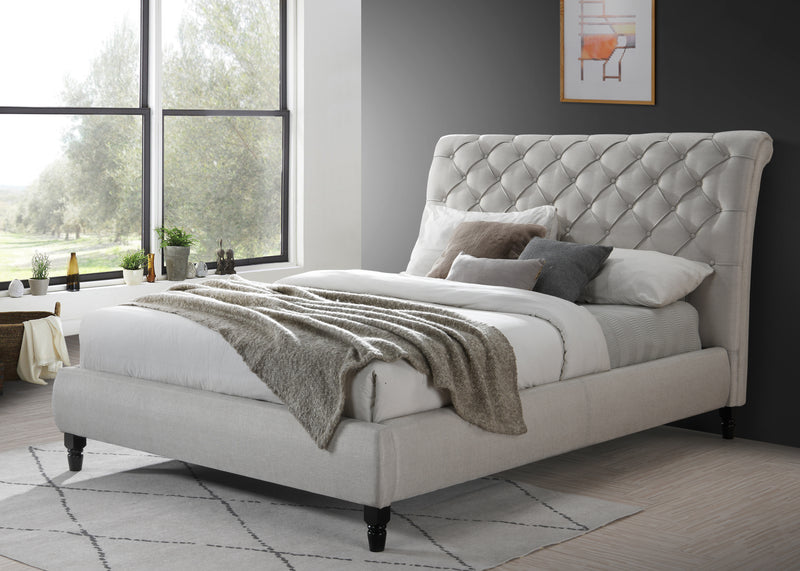 CAMA KING EN TELA BEIGE GRISACEA