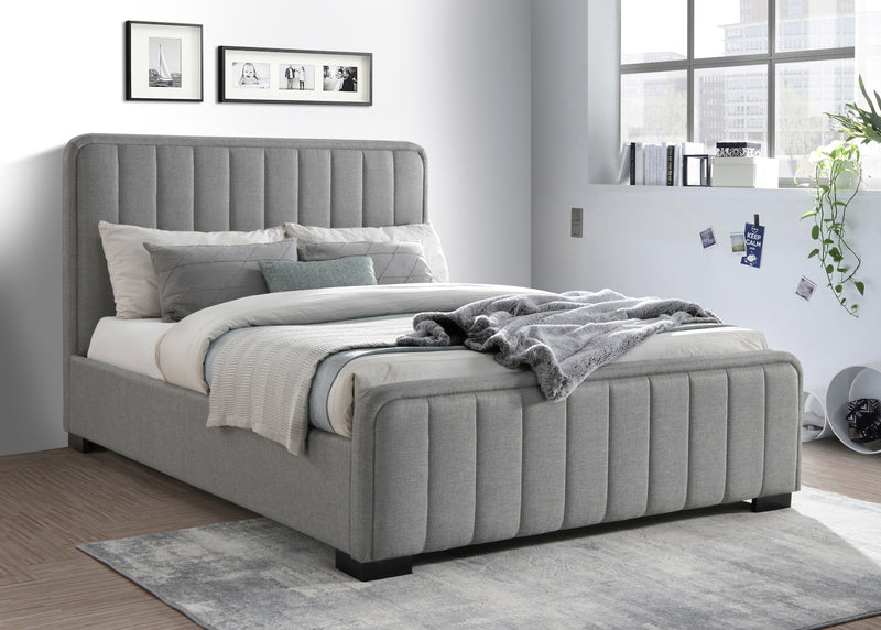 CAMA FULL EN TELA GRIS Y PATAS  NEGRAS