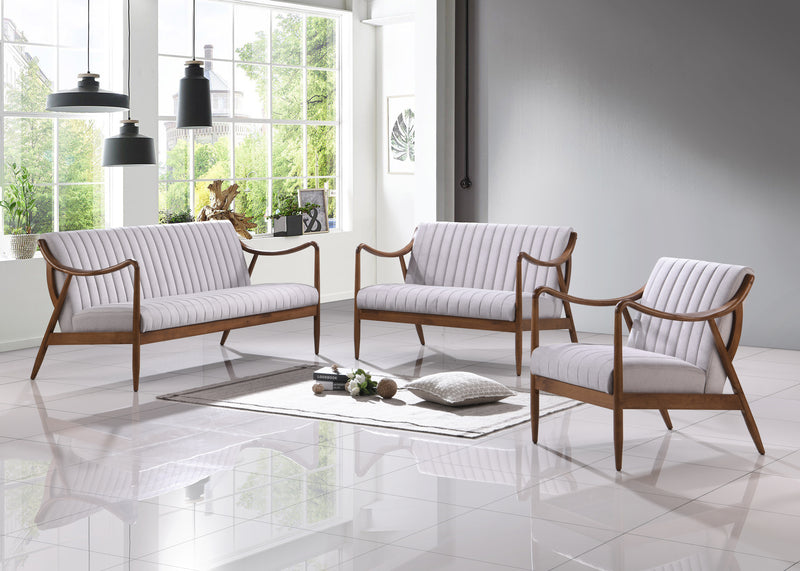 SOFA ESTACIONARIO DE DOS ASIENTOS EN TELA BEIGE Y PATAS MARRONES