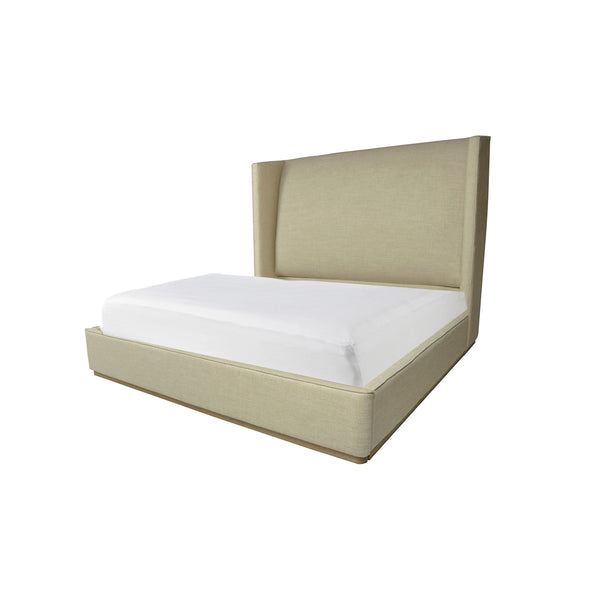***CAMA KING TAPIZADA EN TELA BEIGE Y PATAS ACABADO EN MADERA ENVEJECIDA