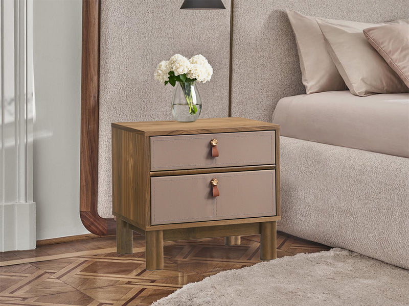 MESA DE NOCHE ACABADO DE MADERA CON PIEL SINTETICA TAUPE
