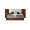 CAMA KING ACABADO DE MADERA Y TELA BEIGE
