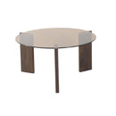 MESA DE CENTRO TOPE DE VIDRIO MARRON Y BASE ACABADO DE MADERA