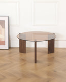MESA DE CENTRO TOPE DE VIDRIO MARRON Y BASE ACABADO DE MADERA