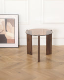 MESA DE CENTRO TOPE DE VIDRIO MARRON Y BASE ACABADO DE MADERA
