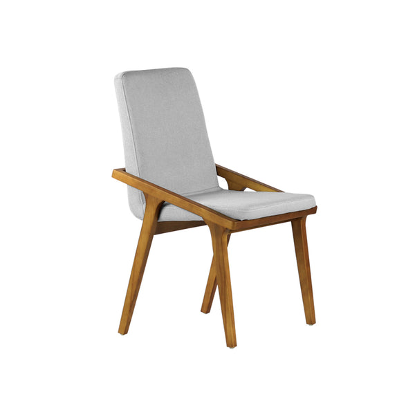 SILLA DE COMEDOR EN TELA GRIS  Y PATAS EN ACABADO DE MADERA