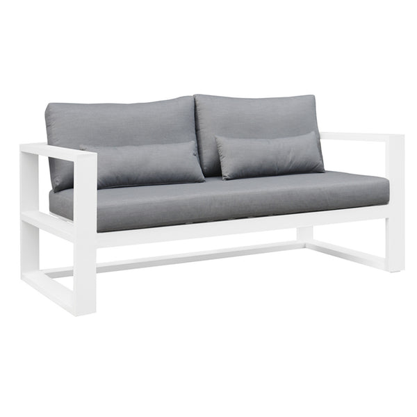 SOFA DE EXTERIOR DE DOS ASIENTOS BLANCO EN TELA GRIS AZULADA