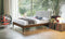 CAMA QUEEN EN TELA BEIGE Y ACABADO DE MADERA