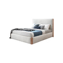 CAMA KING EN TELA BLANCA Y PATAS ACABADO DE MADERA