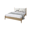 CAMA KING EN TELA BLANCA PATAS ACABADO DE MADERA
