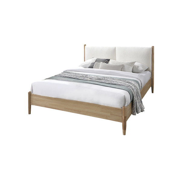 CAMA KING EN TELA BLANCA PATAS ACABADO DE MADERA